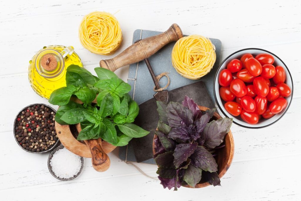 herbs, tomatoes, pasta