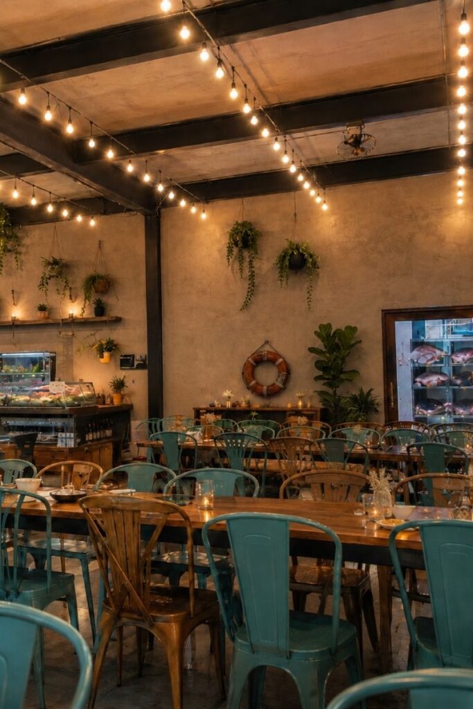 cozy indoor dining with string lights and teal chairs at Be Man Restaurant