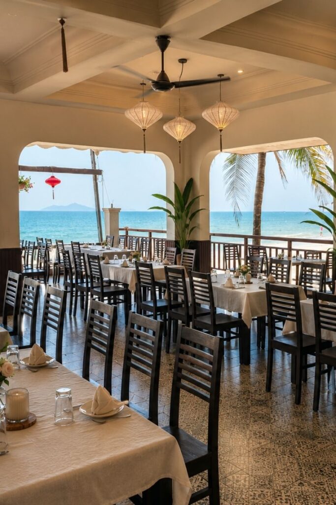 beachfront dining with bamboo ceiling and ocean views at 4U Seafood Restaurant