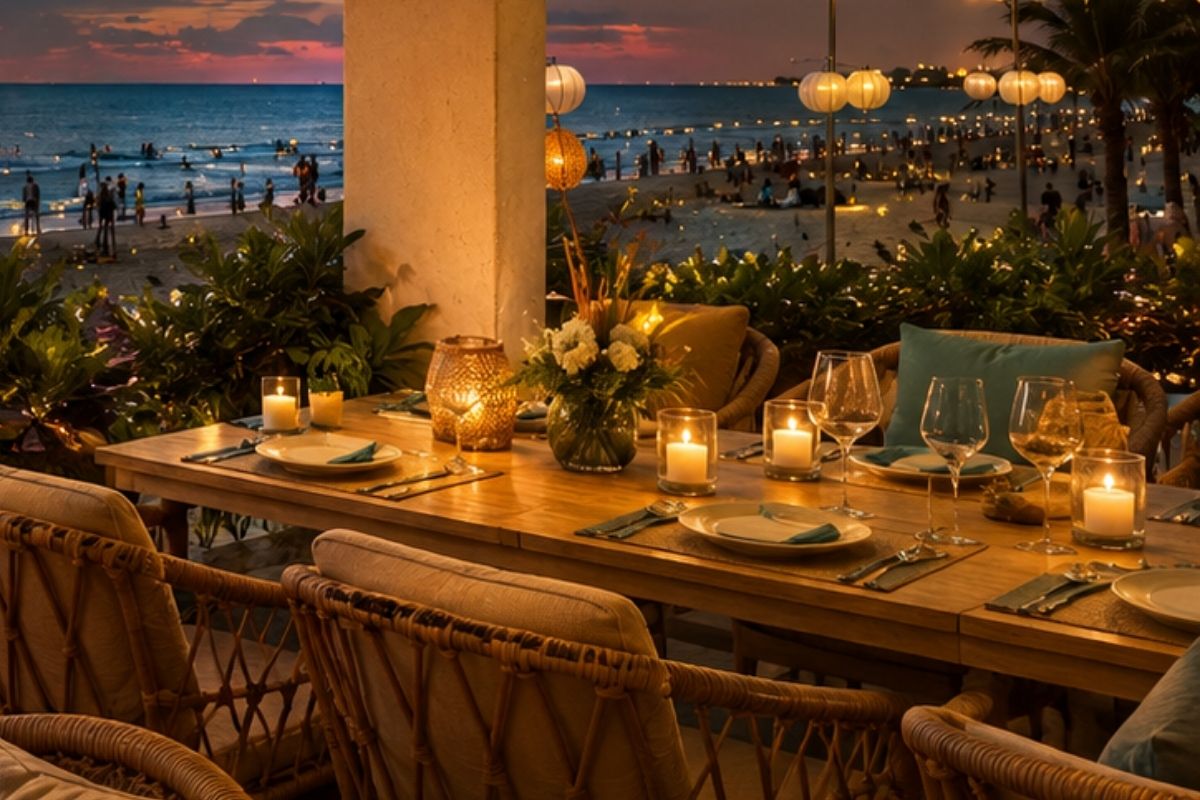 beachfront dining with lanterns at sunset at My Hanh Seafood Restaurant (1)
